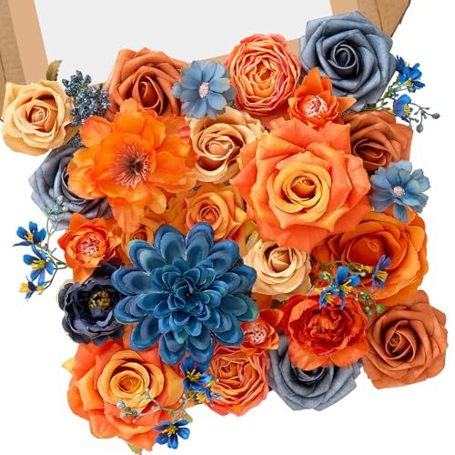 Serwalin Fall Flowers Artificial, Orange Silk Flowers with Stems, Fake Roses Blue Dahia Flower for Wedding Bouquets Bridal Baby Shower Party Arrangment Cake Floral Decoration - color: A Bright Orange & Blue, size: 1 Box