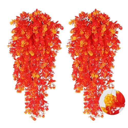 RECUTMS 2Pcs Artificial Fall Hanging Flowers for Outdoors Decoration Fake Fall Flowers Plants Artificial UV Resistant Plastic Greenery Vines Ivy for Outdoor Garden Porch Thanksgiving Decor（Gold） - color: Gold-rose