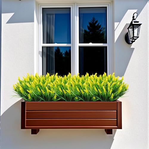 12 Bundles Artificial Plants Outdoor Fake Monkey Grass UV Resistant Faux Bushes with Fake Flowers Greenery for Home Front Porch Pathway Spring Summer Decor Garden Indoor Outside (Yellow) - color: Yellow