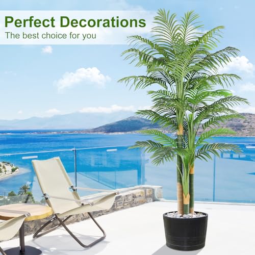 7ft Tall Triple Golden Cane Palm Artificial Tree Large Tropical Palm Tree UV Resistant Fake Plant in Pot for Indoor Outdoor Big House Living Room Outside Patio Office Home Decor 1Pack - size: 7ft
