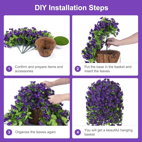 Ammyoo Artificial Faux Hanging Flowers Basket for Spring Summer Outdoor Porch Decor, Fake Silk Colorful Morning Glory Eucalyptus in Planter UV Resistant Look Real for Home Balcony Yard(Dark Purple) - color: Dark Purple
