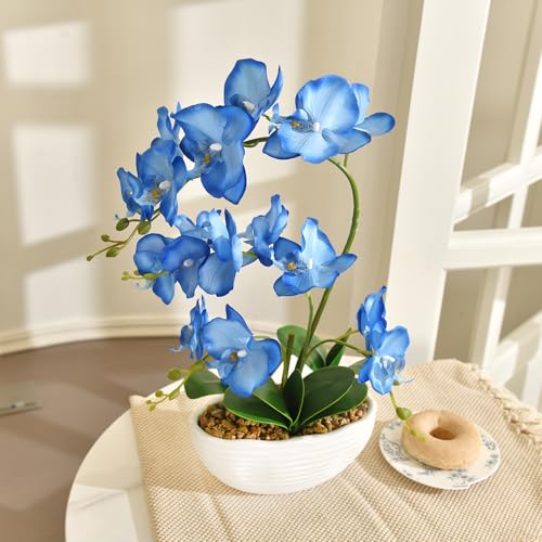 19" H Phalaenopsis Faux Orchid Plant Silk Orchid Centerpiece Artificial Floral Arrangement in Ceramic Pot (Blue) - color: Blue