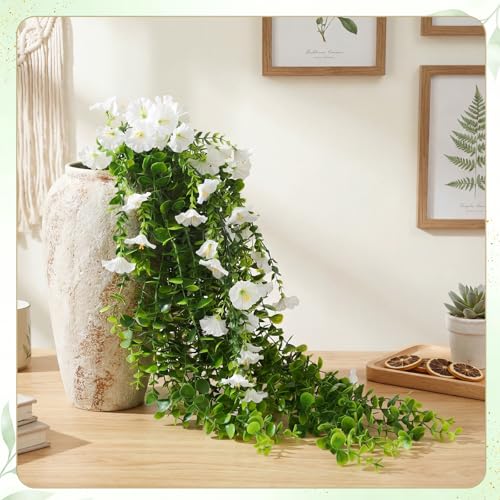 Yinder 2 Set/6pcs Artificial Eucalyptus and Morning Glory Stems, Fake Hanging Flowers for Wedding Home Garden Patio Porch Decor
