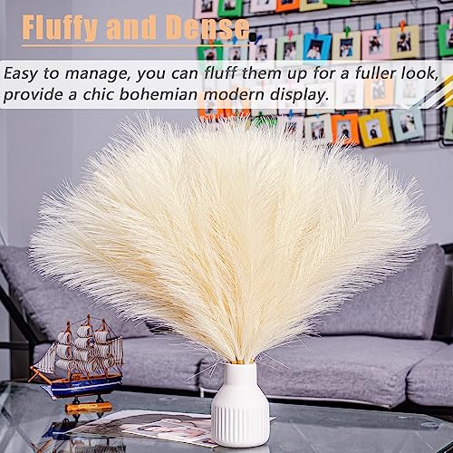 10 Stems Faux Pampas Grass - 17.7" Artificial Pampas Grass Decor Fluffy Small Pampas Grass Flower Arrangement and Vase Filler for Boho Home Wedding Mothers Day Decoration（Beige） - color: Beige