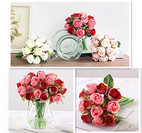 Jasion Artificial Roses Fake Flowers 12 Heads Arrangement Silk Bouquet for Home Office Parties Bridal and Wedding Decoration (Red and Pink) - color: Red With Pink