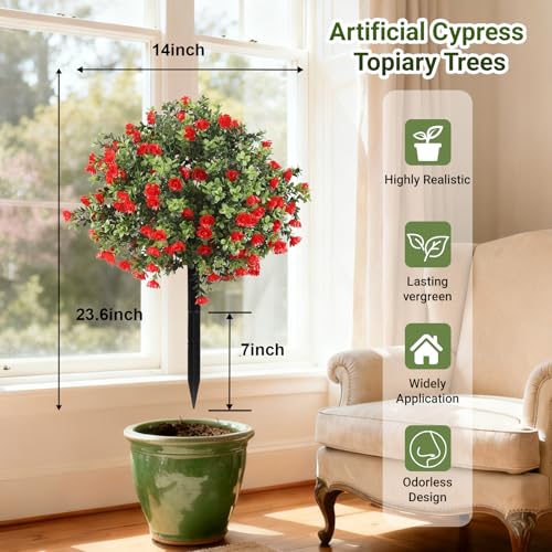 Artificial Topiary Bushes with Ground Spike Set of 2, Faux Boxwood Ball Trees for Outdoor, Fake Shrubs Bushes Decorations for Indoor Front Porch Garden - UV Resistant Faux Plants - Red Flowers - color: Red Azaleas