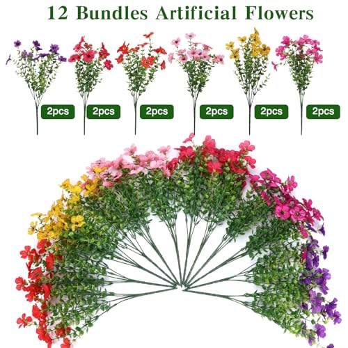 CEWOR Artificial Flowers for Outdoor Indoor, Fake Silk Daisy with Eucalyptus Leaves, Faux Flower for Garden Front Door Porch Planter Patio Home Decor (12 Bundles, 6 Multicolor) - color: 6 Color Daisy