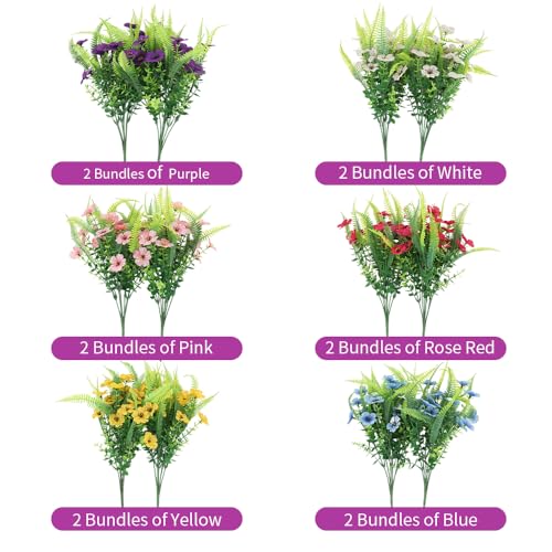 ZEOSTARO Artificial Outdoor Plants 12 Bundles Fake Boston Fern with Eucalyptus Flowers Faux UV Resistant Greenery Garden Window Box Porch Farmhouse Hanging Decor(Mix Flowers&Fern) - color: Mix Flowers&fern
