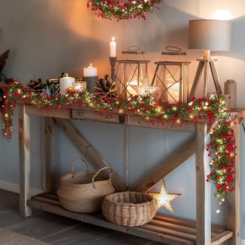 RECUTMS Artificial Leaves Garland with Flowers Fake Vines with Lights Spring Mantel Garland Fake Greenery Vines 5.8 Ft Lit Vine for Mantle for Wall Wedding Party Table Home Bedroom Decor(Red) - color: Red With Lights