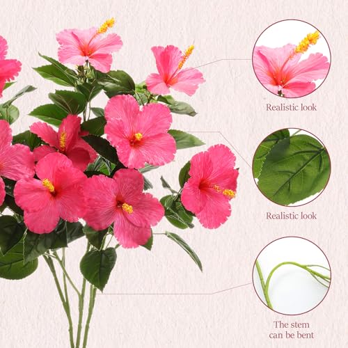 Hotop 3 Pack Artificial Hibiscus Flowers 33"x13" Silk & Plastic Tropical Bouquets Lifelike Blooms with Bendable Stems Faux Hawaiian Flowers for Home Living Room Wedding Patio (Rose Red) - color: Rose Red