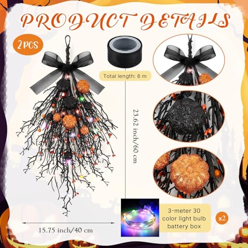 2 PCS Halloween Wreaths Halloween Floral Teardrop Swags Hanging Swag Plants Black Garland with Pumpkin Berries and 9.8ft Lights for Indoor Outdoor Party Wall Home Room Fireplace Porch Window Decor - color: Halloween Swags
