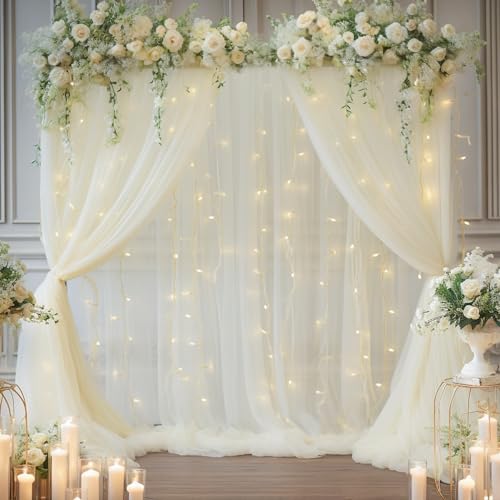 10ft x 10ft Ivory Backdrop Curtain with Lights String for Parties, Sheer Tulle Wedding Photo Backdrops Drapes for Baby Shower Birthday Party Decorations Background for Photography - color: Ivory, size: W5' x H10'(2 panels)