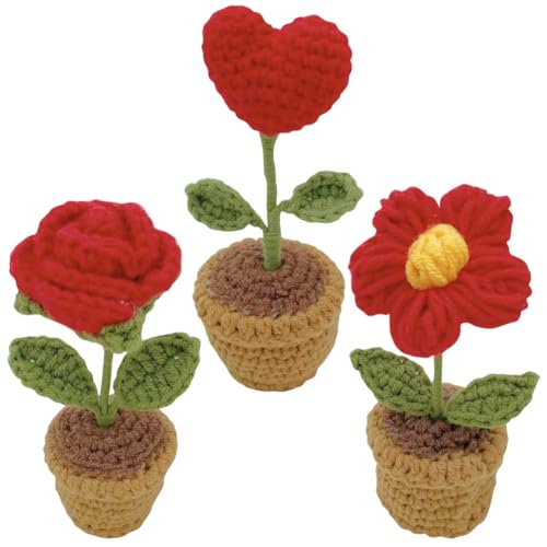JOONOR 3PCS Mini Crochet Rose Potted Plant,Hand Knitted Red Love Rose Puff Flower for Bathroom Home Kitchen Rustic Table Centerpiece Shelf Decor - color: Color#10