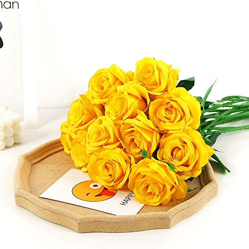 12 PCS Artificial Flowers Roses Silk Flowers Fake Long Stem Artificial Roses for Home Wedding Decorations (Yellow) - color: Yellow