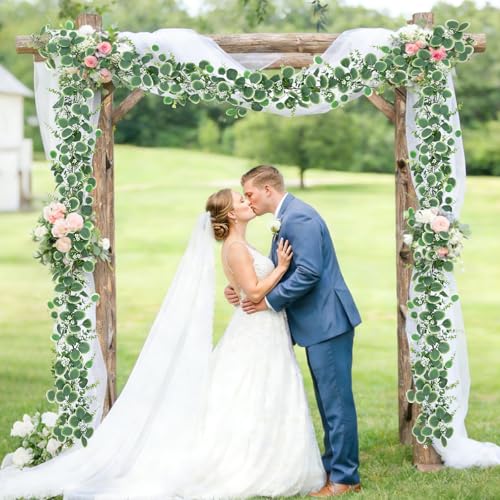 Betylifoy 2 Pcs Artificial Eucalyptus Garland 12FT Faux Silver Dollar Eucalyptus Leaves Garlands Hanging Vines Fake Greenery Garland with Flowers for Wedding Party Table Runner Home Mantle Decor - size: 2pcs
