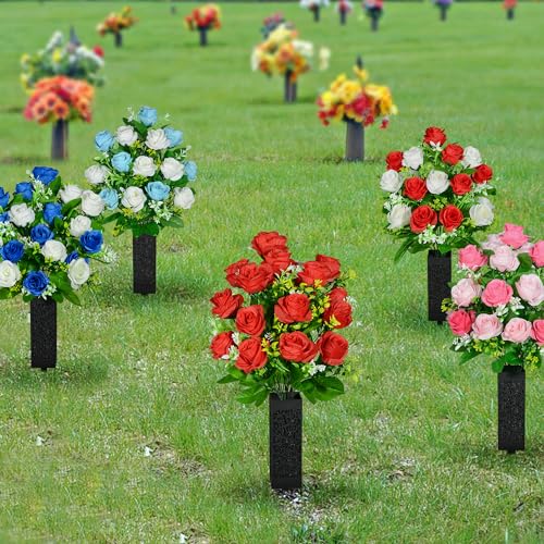 Artificial Cemetery Flowers, Set of 2 Grave Memorial Flowers with Vase, Artificial Rose Bouquet for Cemetery Headstones Gravesites Decoration (Red & White) - color: Red & White