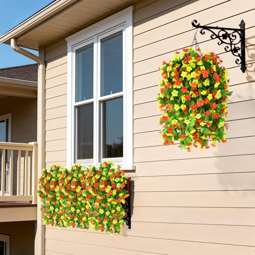Artificial Fake Hanging Flowers for Outdoors, 2 Pcs Artificial Hanging Plants Outdoors Spring Summer Decor, UV Resistant Faux Violet Silk Flowers for Planters Front Door Yard Garden(Orange Yellow) - color: Orange Yellow