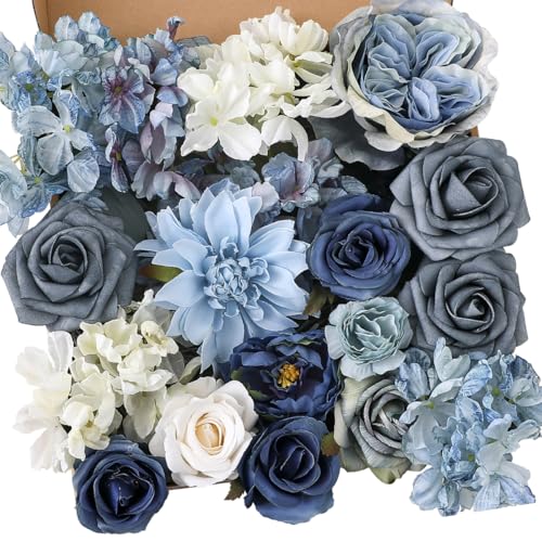 Garisey Artificial Flowers Combo Box Set Dusty Blue Flowers for DIY Wedding Bouquet Arrangements Bridal Shower Party Home Decorations(White Blue Rose) - color: White Blue Rose