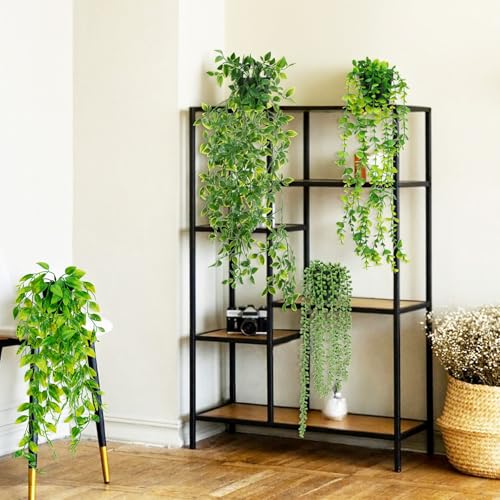 SHENLIU Artificial Hanging Plants for Shelf, 4 Pack Fake Potted Greenery Plant Faux Eucalyptus Vine, Mandala Vine, String of Pearls, Pea pod Leaves in Pot for Office Home Garden Indoor Outdoor Decor