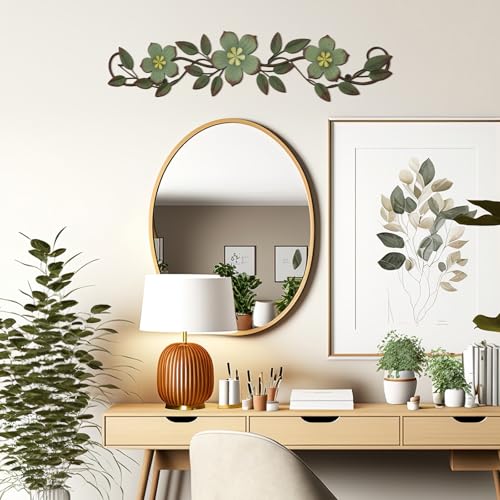 Wesiti Metal Flower Wall Decor Vintage Metal Flower Wrought Iron Scroll Sculpture 15.7''x3.7'' Not 3D, Flat Farmhouse Leaf Wall Decor with Nails for Summer Bedroom Kitchen Indoor Outdoor(Green) - color: Green