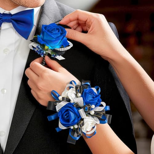 Prom Corsage and Boutonniere Set Blue,Artificial Silk Rose Wrist Corsage for Homecoming, Formal Dance Party, Wedding,Graduation,Anniversary - color: Blue