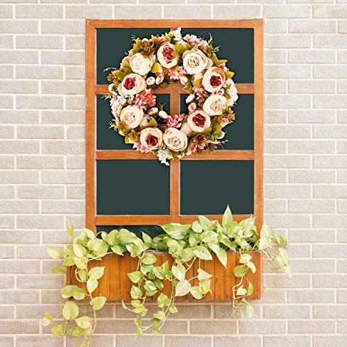 BOMAROLAN Artificial Peony Flower Wreath 19Inch Vintage Blooming Silk Peonies Spring Summer Fall Winter Large Wreaths Flower Green Leaves for Outdoor Front Door Indoor Wedding Wall Or Window Décor - color: Light Pink