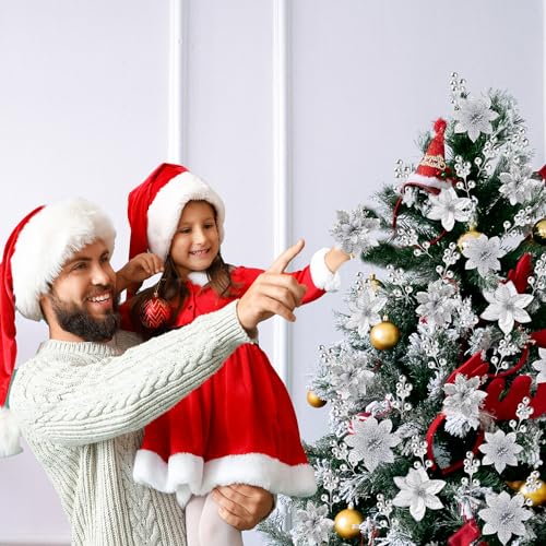 Sggvecsy 30 Pcs 3 Styles Christmas Glitter Poinsettia Flowers Artificial Berry Picks Christmas Tree Ornaments Artificial Christmas Flowers with Clips for Xmas Wreath Wedding Floral Decorations(Silver) - color: Silver