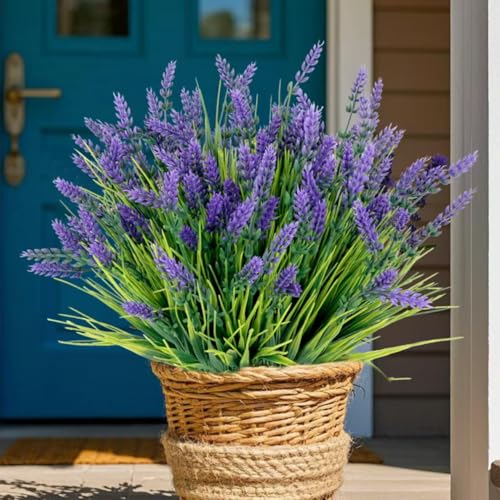 12 Bundles Artificial Plants Outdoor, UV Resistant Lavender Flowers Artificial Plastic Fake Lavender with Monkey Grass for Garden Porch Patio Yard Window Box Planter Decor(Grass with Purple Flowers) - color: Grass With Purple Flowers, size: 12 Bundles