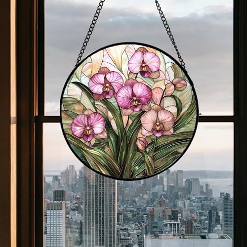 Stained Glass Window Hanging - Pink Phalaenopsis Orchid Green Leaves Sun Catcher for Door Home Decor Flower Suncatcher Christmas Mother's Day Birthday Gifts for Women Men Mom Nana 9.8 in - color: Pink, size: 9.8x9.8 IN