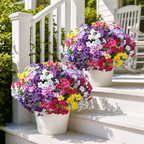 Artificial Flowers for Outdoors Decoration, 20 Bundles Faux Morning Glory with Eucalyptus Look Real UV Resistant Fake Plants Silk Flowers for Outside Yard Gardens Porch Patio Planter Home Urn, Mix - color: 6 Color(4 Purple, 3 Gradient Purple, 3 Fuchsia, 4