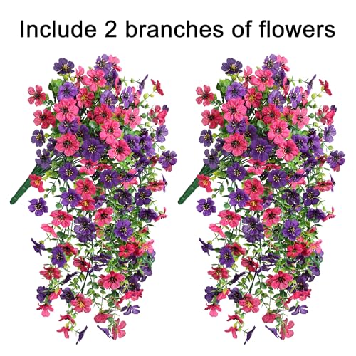 Artificial Faux Hanging Flowers Plants for Spring Outdoor Outside Decoration, 2 PCS Fake Silk Daisy with Eucalyptus UV Resistant Realistic Trailing Vines for Balcony Patio Porch (Darkpurple+Hotpink) - color: Darkpurple+hotpink