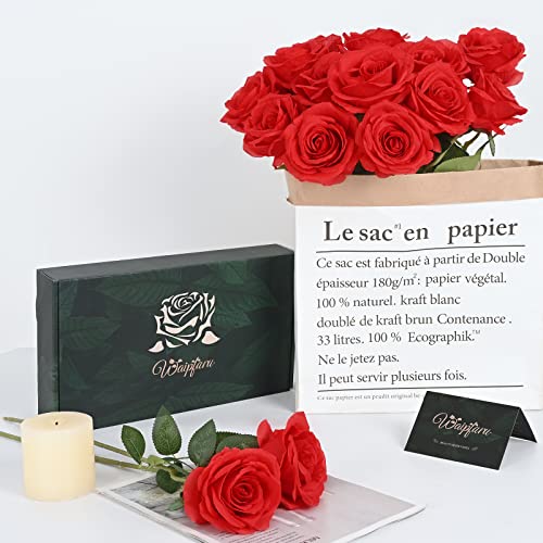 Waipfaru 16 Pcs Artificial Flowers Fake Silk Roses, Faux Real Touch Roses Bouquet with Long Stem for Wedding Party Home Decor (Red) - color: A-red, size: 16 Pcs