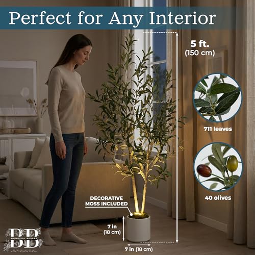 5ft (150 cm) Artificial Olive Tree with White Pot, Moss & USB LED – 711 Leaves, 40 Olives, Realistic Fake Indoor Potted Plant for Home, Bedroom, Office & Living Room Decor - size: 5ft (150 cm)