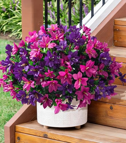 INSPRING Artificial Fake Flowers for Outdoors Spring Summer Decoration, 3 Bundles Realistic Outdoor Faux Azalea Plants UV Resistant Silk Flowers for Outside Planter Patio Porch Garden Yard Home Decor - color: Purplefuchsia
