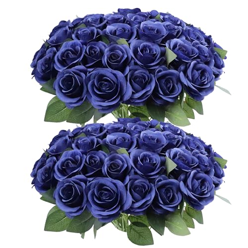 52pcs Navy Blue Roses Artificial Flowers Fake Flowers Silk Roses with Stems for DIY Wedding Bouquets Bridal Shower Centerpieces Arrangements Party Decorations - color: Navy Blue