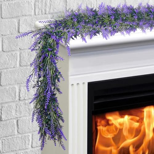 MAKHOT 6Ft Purple Lavender Artificial Garland Decor, Spring Summer All Year Lavender Deep Purple Garland, Green Wreath Vines Decorations for Table Home Wedding Mantle Arch Porch Party - color: Deep Purple-1pcs