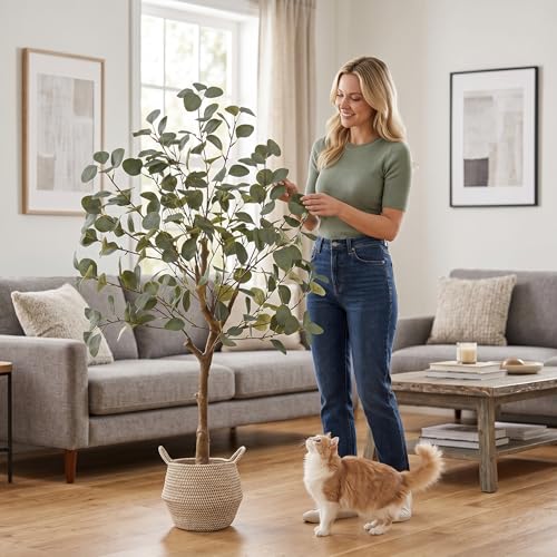 Warmplants Artificial Eucalyptus Tree, 4ft Tall Green Silk Leaves Perfect Faux Plant with Basket, Mordern Fake Eucalyptus Trees for Indoor Outdoor Home Office Livingroom Floor Décor - size: 4ft