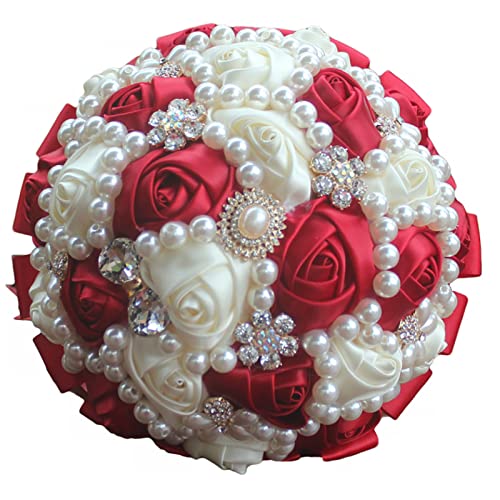 USIX Handcraft Popular Satin Rose Rhinestone Brooch Flower Pearl Bridal Holding Wedding Bouquet Wedding Flower Arrangements Bridesmaid Bouquet(Dark Red+Ivory) - color: Dark Red+ivory