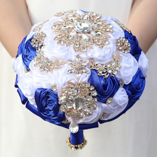 8.7in Bridal Wedding Bouquet Handmade with Luxury Gold Rhinestone Brooch for Bride Bridesmaid Quinceanera Satin Rose Bouquet Flower Wedding White and Royal Blue - color: White & Royal Blue, size: Large (DIA. 8.7"/22cm)