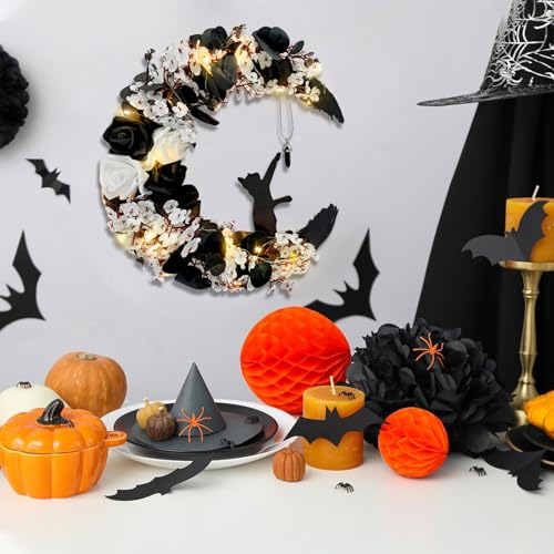 Halloween Wreaths for Front Door, Flower Moon Cat Halloween Home Decoration, Fall Winter Family Gathering Decoration Wreath Outdoor Wall Closet Fence Spooky Wreath(Moon Cat White13.7in×9.8in) - color: Moon Cat - White
