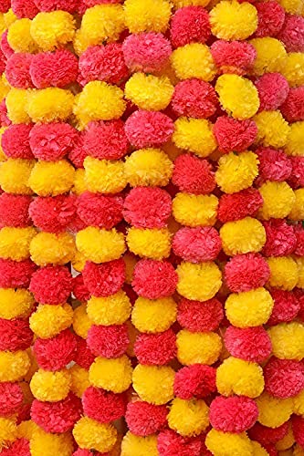 Artificial Marigold Garland for Decoration 5 Pcs of 5 feet Long Strands Artificial Marigold Flowers, Indian Decor for Pooja, Wedding Christmas, Events Decorations (Yellow+Red) - color: Yellow+red