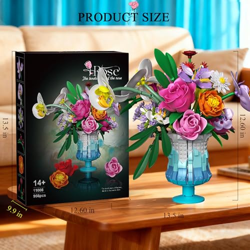 Mavo brix Flower Building Set with Vase, Artificial Botanical Flower Set for Adults Women, Home Décor Display, Romantic Gift for Christmas, Valentine’s Day, Compatible with Lego Flower, 956 PCS