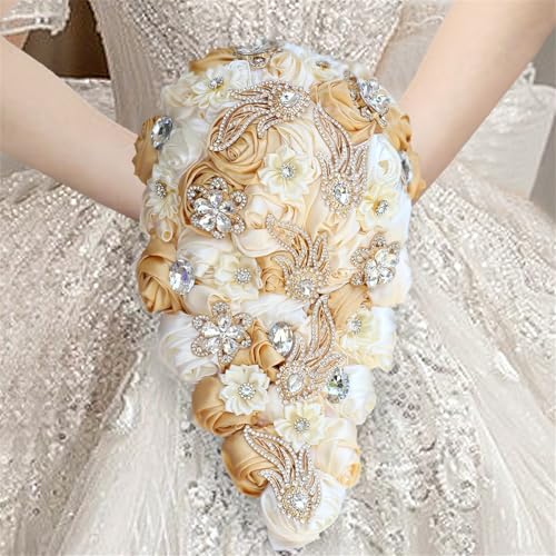 Handmade Satin Rose Water Drop Bridal Bouquet,8.7inch Crystal Wedding Round Tossing Bouquet,Jewelry Proposal Bridesmaid Bouquet Groom Corsage Bride Wrist Flower Ivory (Khaki&Ivory) - color: Khaki&ivory