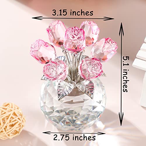Movdyka Pink Rose Flower Crystal Figurine with Vase, Bouquet Flowers Ornament Gifts for Wife Girlfriend Women, Handmade Crystal Flower Collectible Home Table Decor for Wedding Anniversary - color: Pink-crystal Rose