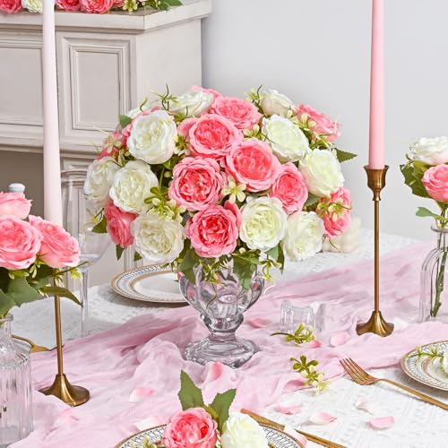 MARTINE MALL 4 Packs Peonies Artificial Flowers, Mixed White Pink Artificial Peonies, Silk Peonies Flowers Fake Peonies Artificial Flowers Peonies Bouquet for Centerpiece Table Wedding Home Decor - color: Mixed White Pink, size: 4PCS