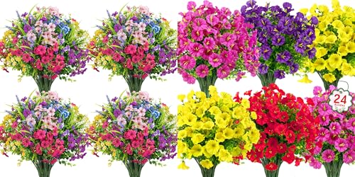 Ouddy Decor 48 Bundles Artificial Flowers for Outdoors Multicolor Fake Flowers Plastic Plants UV Resistant for Spring Summer Garden Patio Window Box Office Table Kitchen Home Decor