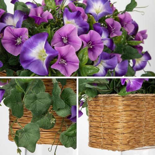 Briful Fake Floral Centerpieces for Tables Artificial Potted Morning Glory Silk Flowers with Woven Rattan Basket Faux Flower Arrangement for Home Office Room Shelf Kitchen Decor(Lavender Purple) - color: Lavender Purple