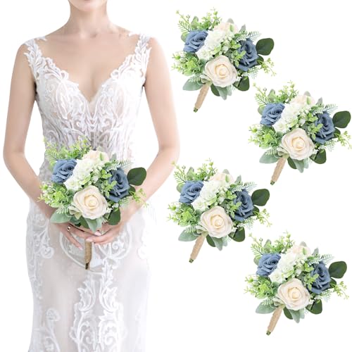 Bridesmaids Bouquets Flowers Set of 4 -Artificial Bridesmaid Bouquet Wedding 7 Inch Rustic Small Floral Centerpiece for Marriage Proposal Party Anniversary Dining Table Decor - Green & Dusty Blue - color: Green & Dusty Blue, size: 4pcs
