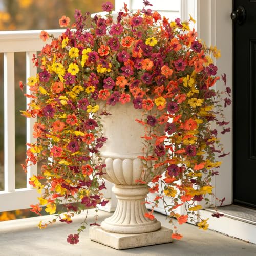 Fake Mums Artificial Fall Hanging Flowers for Outdoors Decoration 2 PCS Faux Mums for Outdoor Planters Fake Plants Look Real Daisy Flower No Fade Autumn Decor for Porch Home Patio Balcony and Yard - color: Orange Brown Yellow