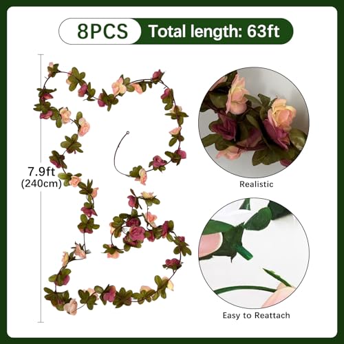 8Pcs 63Ft Purple Pink Rose Garland, Fake Flower Vines, Artificial Vine Flowers, Rose Hanging Garland for Party Wedding, Garden, Room Table, Christmas, Backdrop Wall Arch Decor - color: Purple Pink, size: 8Pcs-63Ft
